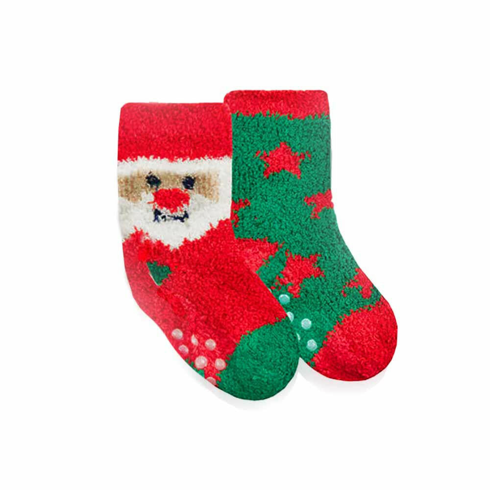 Baby gripper socks: red snowman and green star design pair