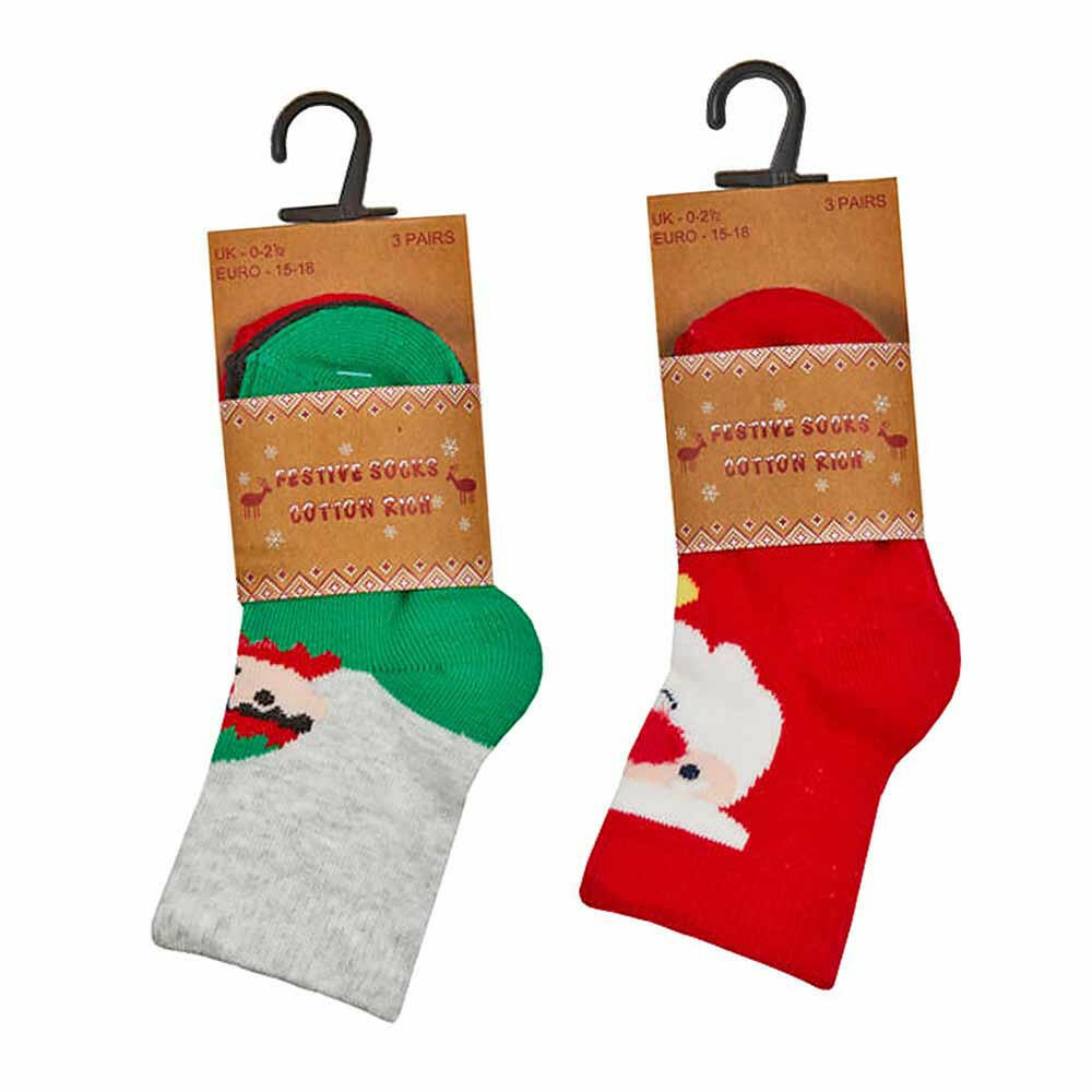 Festive baby socks set with Santa and elf faces, red and green