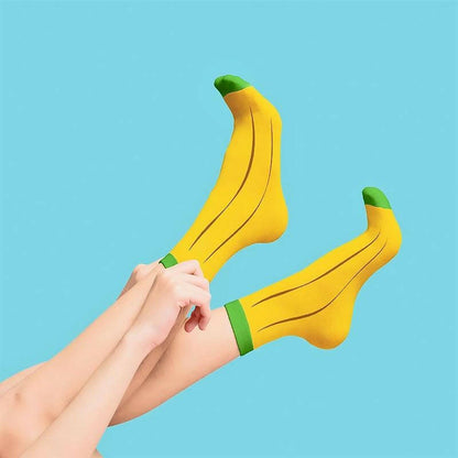 Banana fruit-themed socks, yellow with green-striped cuff