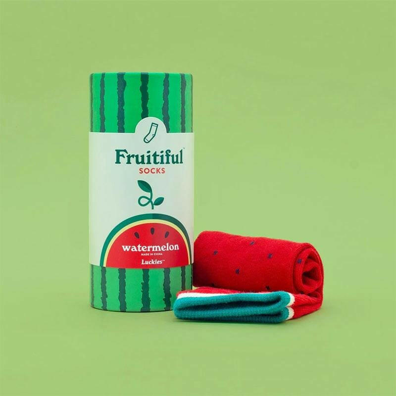 Fruitiful socks package with watermelon design and rolled red socks plus teal pair