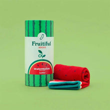 Fruitiful socks package with watermelon design and rolled red socks plus teal pair
