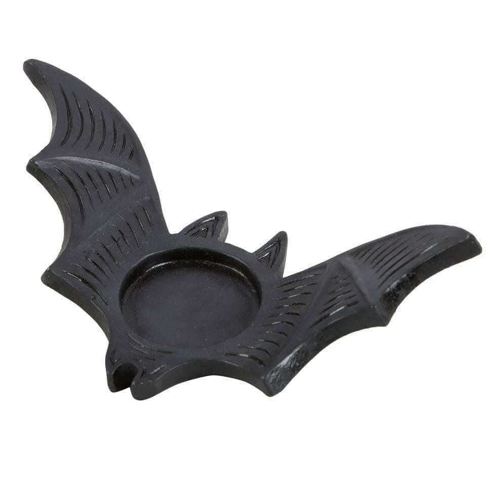 Bat tealight candle holder, black with round candle well and raised wing edges.