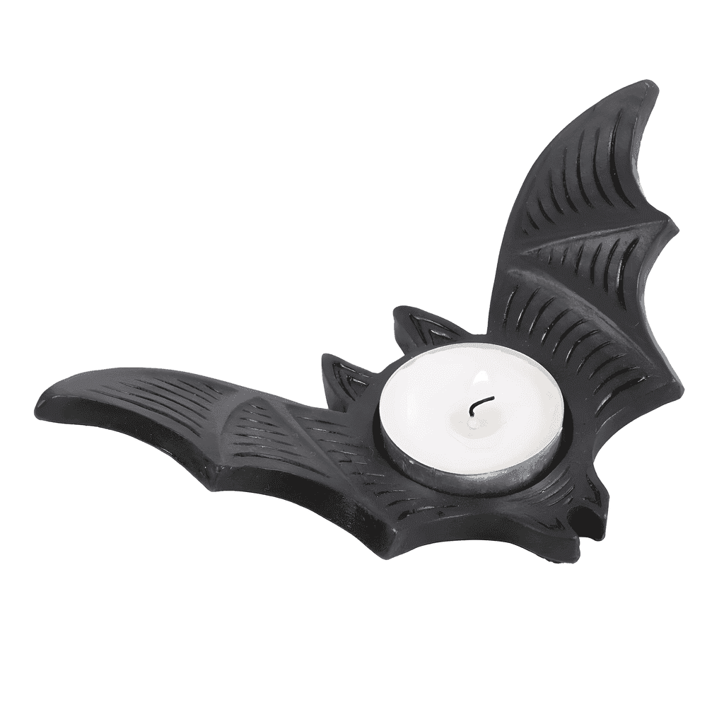 Bat-shaped tealight candle holder with white tealight candle and wick, black.