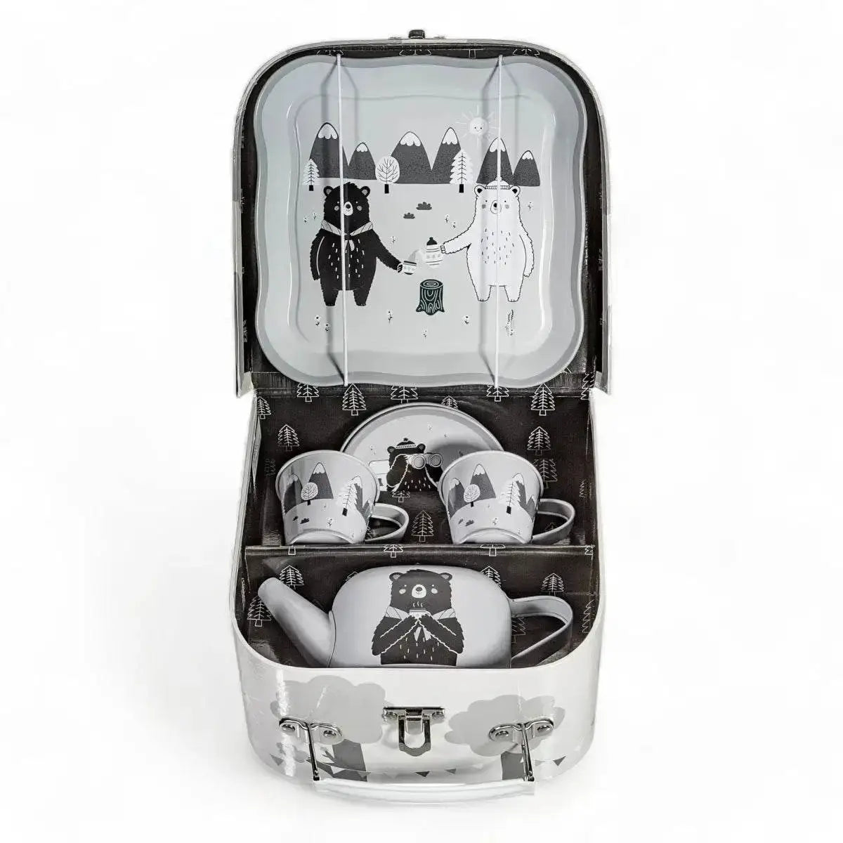 Kids' tea for two set in open suitcase with teacups, saucers, and teapot