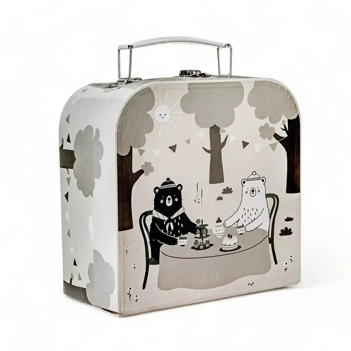 Kids' tea for two set in patterned suitcase with bear-and-bunny tea table illustration