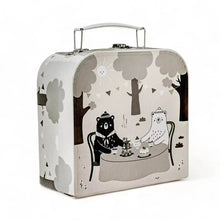Kids' tea for two set in patterned suitcase with bear-and-bunny tea table illustration