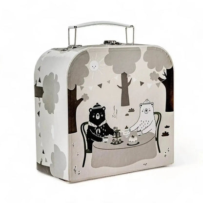 Kids' tea for two set in patterned suitcase with bear-and-bunny tea table illustration