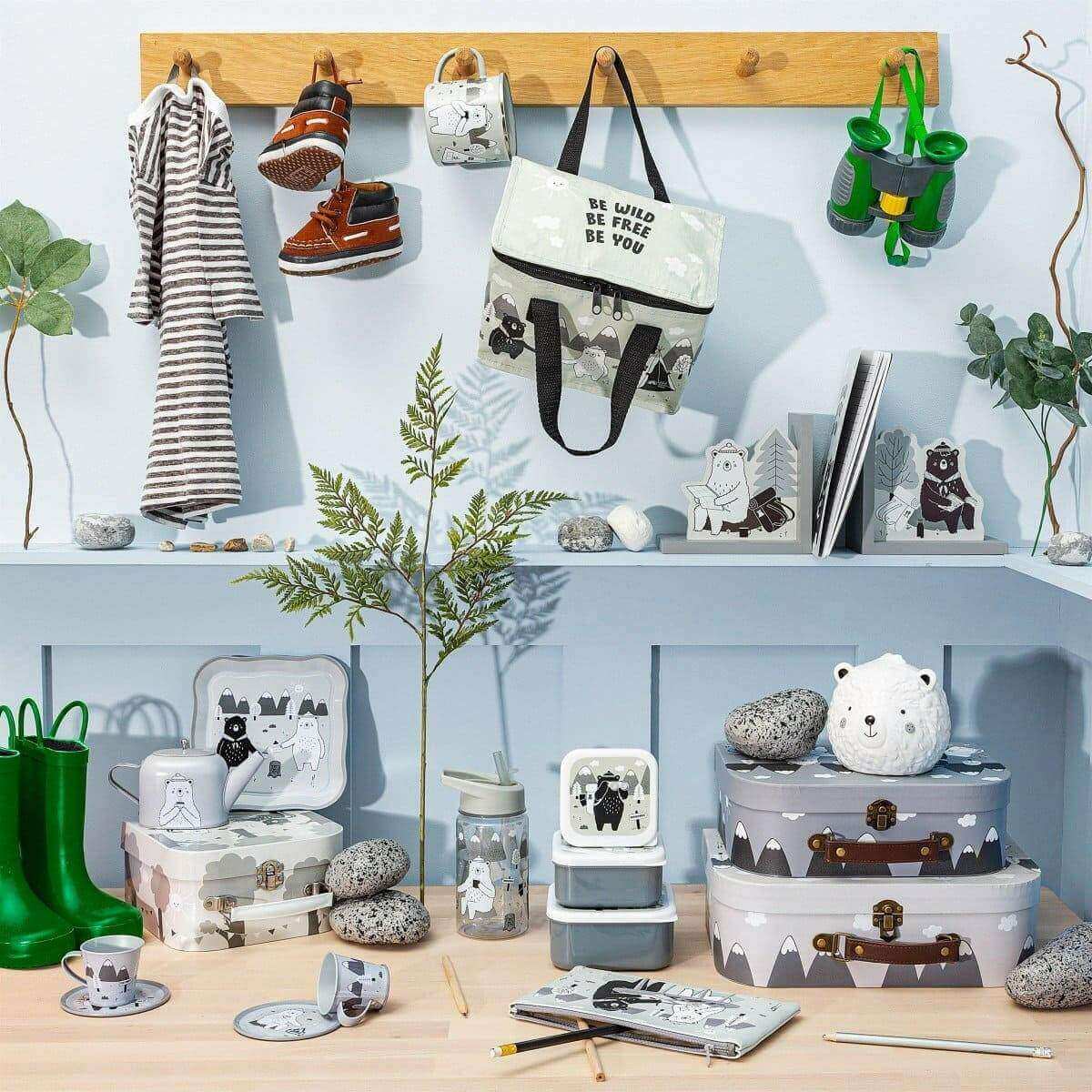 Kids' tea for two set accessories displayed: teapot, cups, trays, and utensils