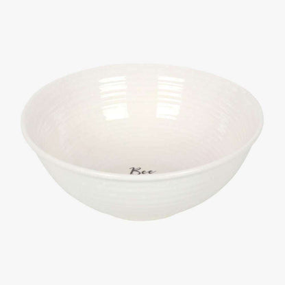 White ceramic breakfast bowl, shallow shape with “Bee” text near the rim.