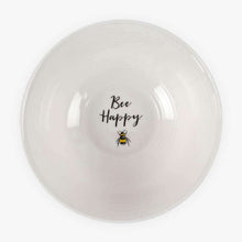 White ceramic breakfast bowl with glossy finish, “Bee Happy” text and bee graphic.