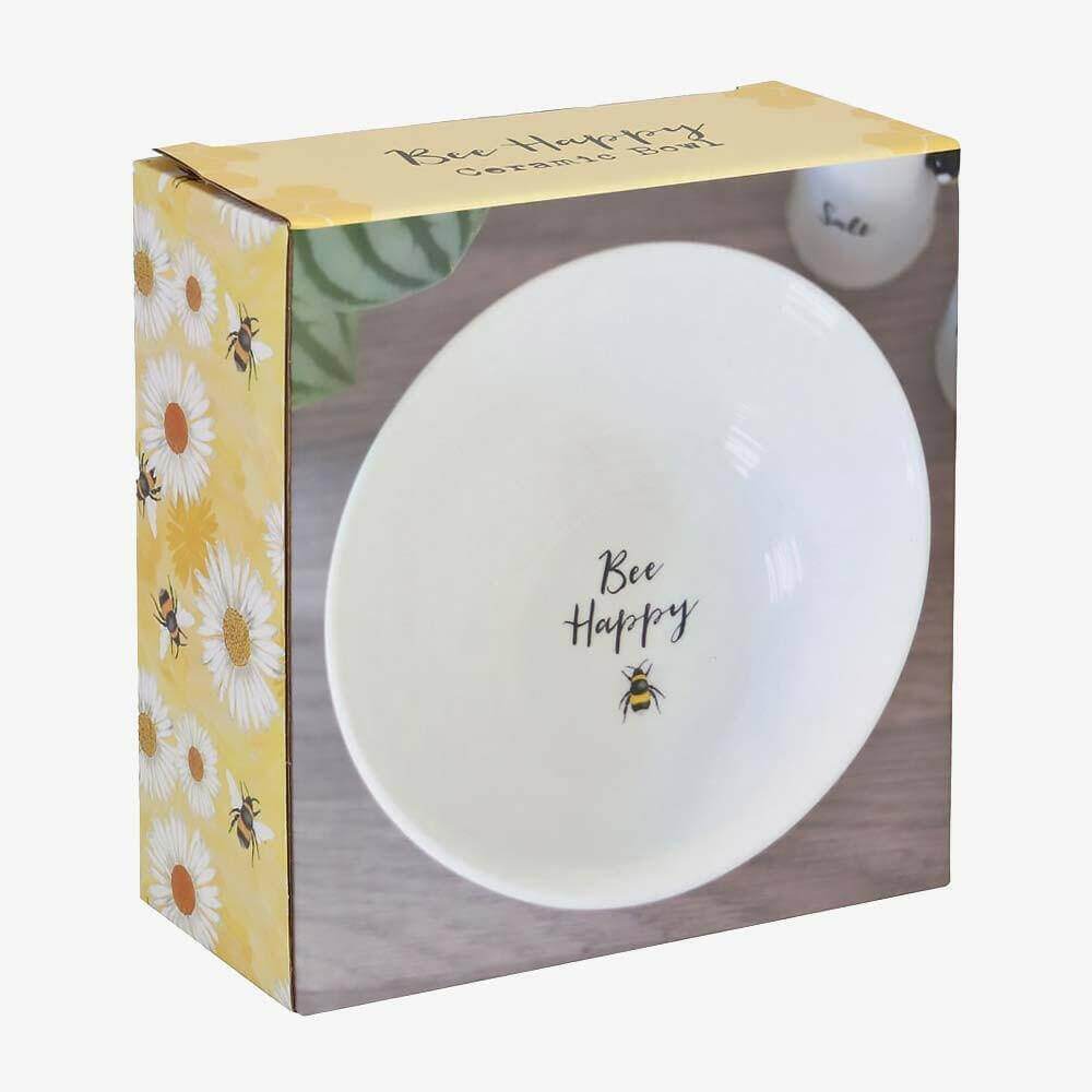 Ceramic breakfast bowl in gift box, white with “Bee Happy” and bee motif.