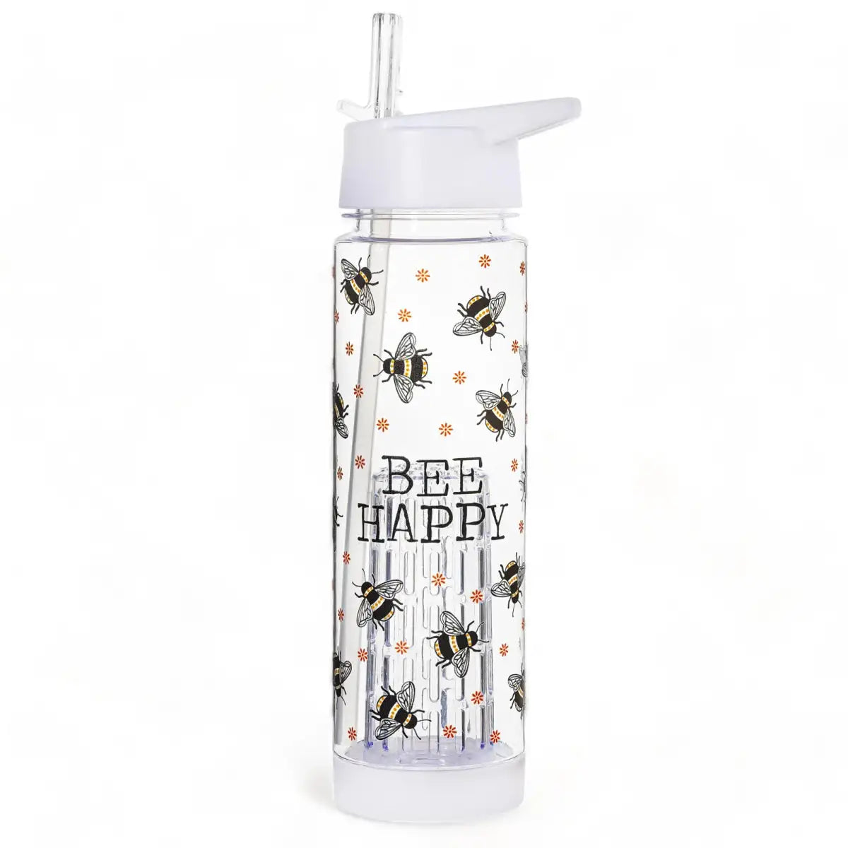 Clear plastic water bottle with white infuser lid and vertical 'Bee Happy' text