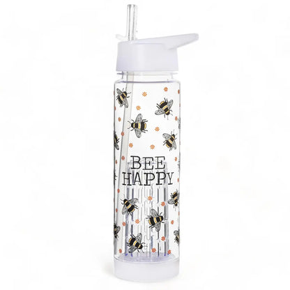 Clear plastic water bottle with white infuser lid and vertical 'Bee Happy' text