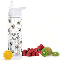 Clear plastic water bottle with infuser and 'Bee Happy' bee print