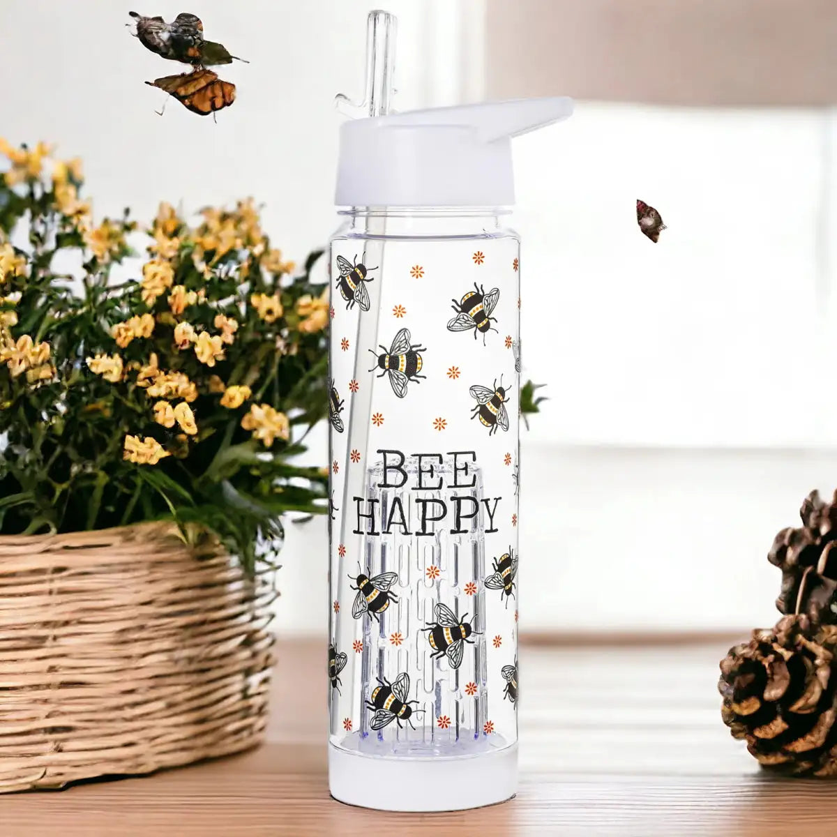 Clear water bottle with infuser top, white lid, and 'Bee Happy' bee design