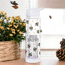 Clear water bottle with infuser top, white lid, and 'Bee Happy' bee design