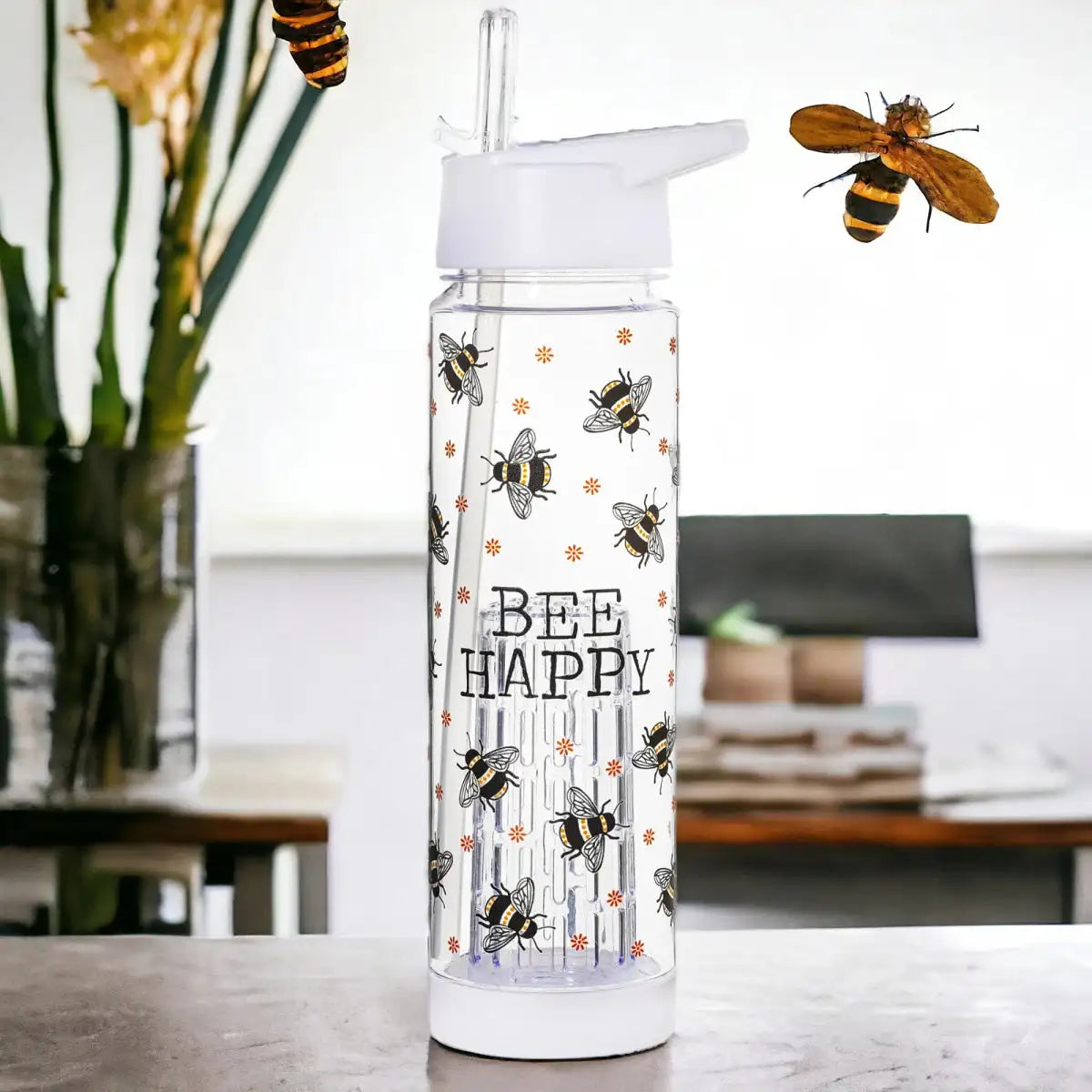 Clear water bottle with infuser and white lid, 'Bee Happy' bee and flower pattern