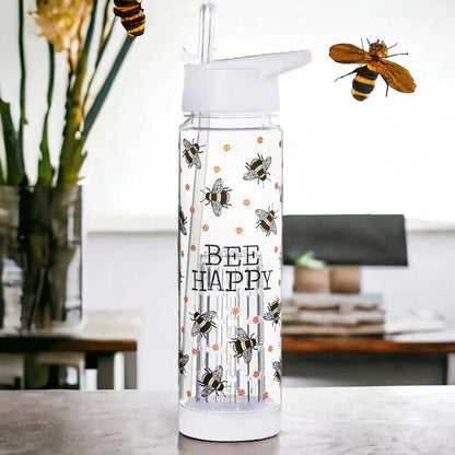 Clear water bottle with infuser and white lid, 'Bee Happy' bee and flower pattern