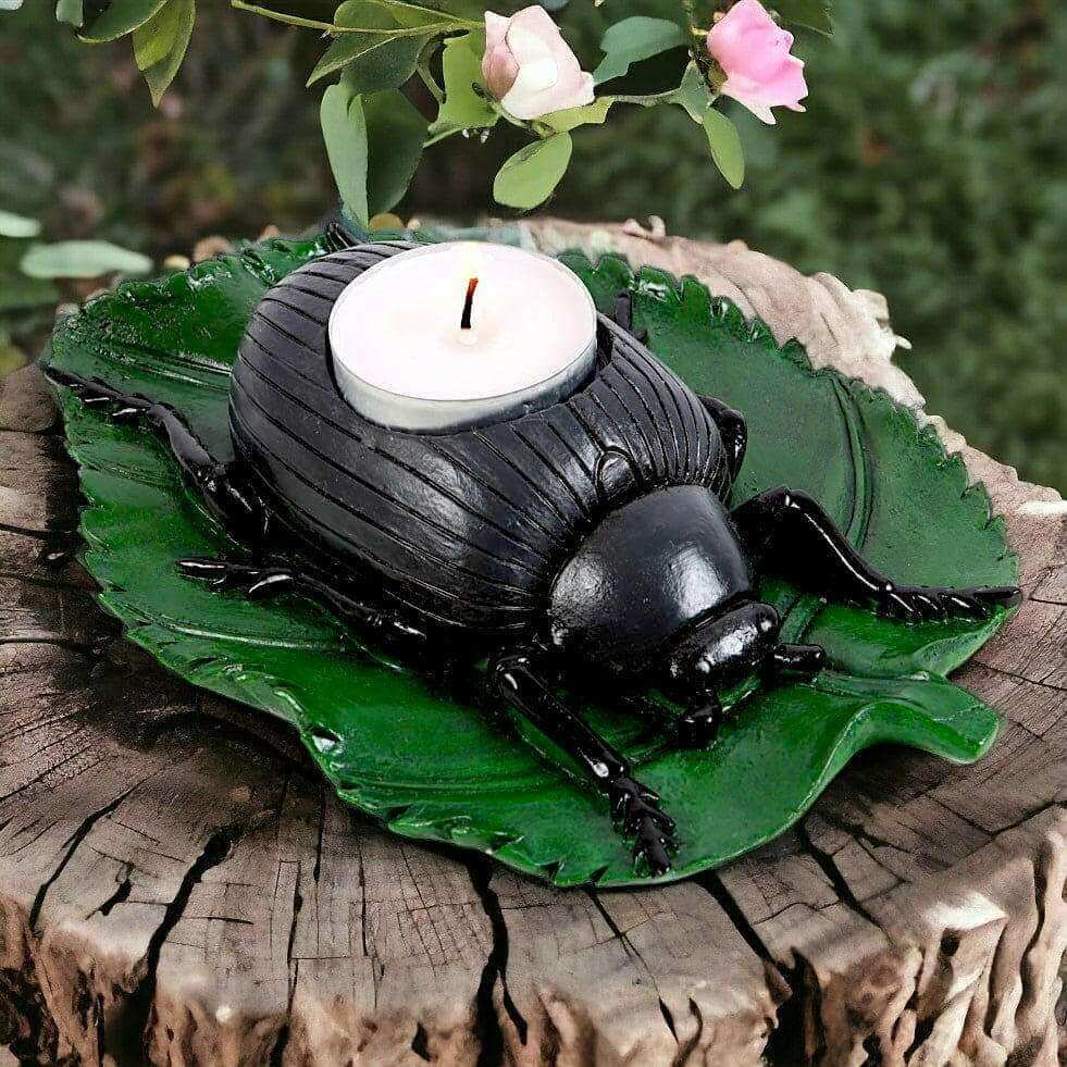 Beetle tealight candle holder with green leaf tray, black beetle, white tealight with wick