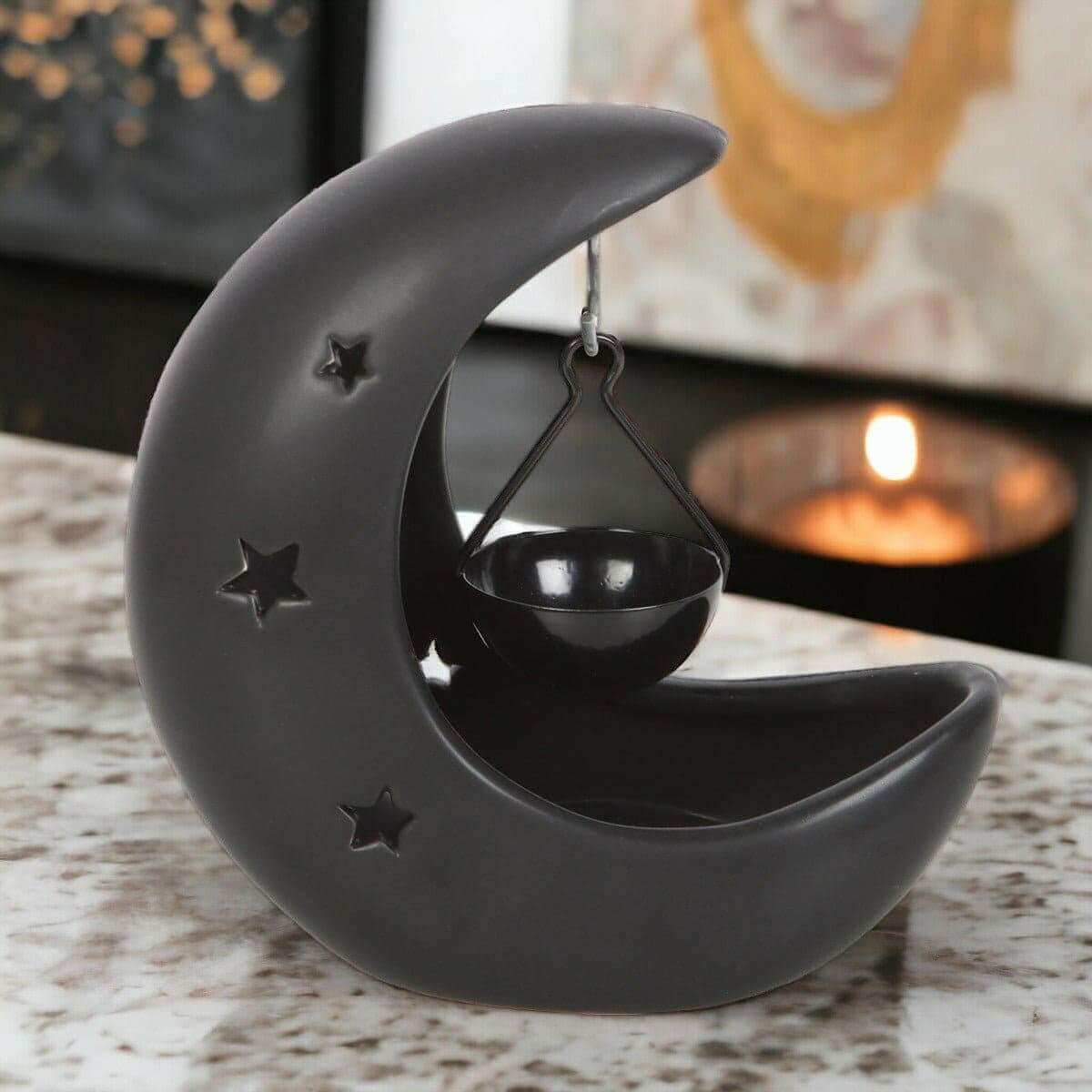 Black Crescent Moon Hanging Oil Burner for Home Decor by Spirit of equinox