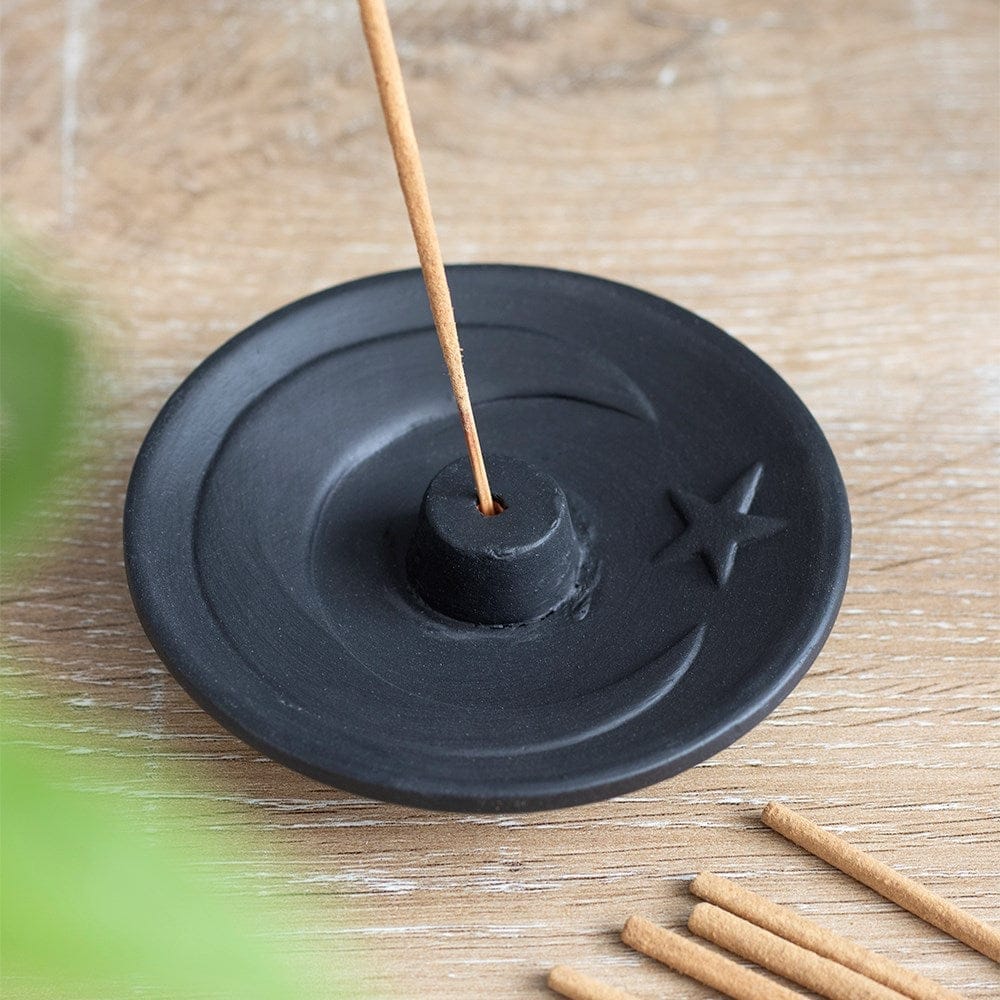 Black Crescent Moon Terracotta Incense Holder Plate - Incense Holders by Spirit of equinox