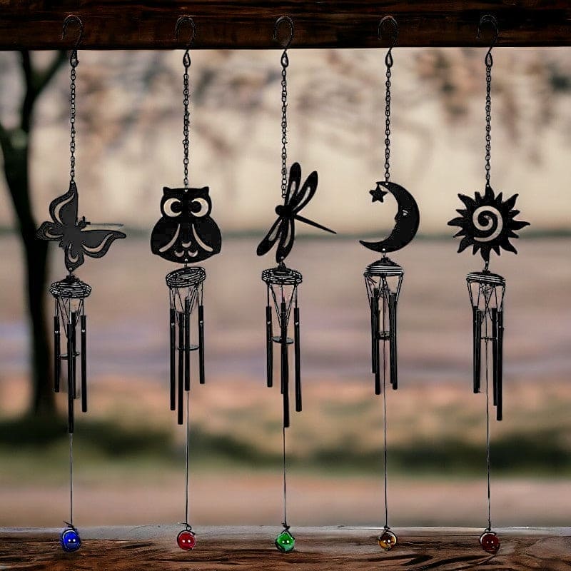 Black Cut-Out Wind Chimes, Crescent Moon, Dragonfly, Sun, Owl, Butterfly - Wind Chimes by Spirit of equinox