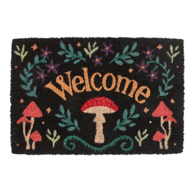 Black Mushroom Welcome Mystical Mushroom Doormat - Door Mats by Spirit of equinox