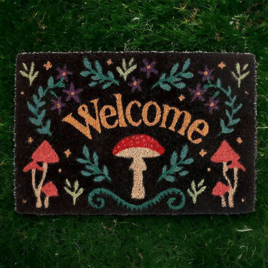 The Fashion Gift Shop: Dark Forest Black Mushroom Welcome Mystical Mushroom Doormat Indoor Use by Spirit of equinox, Door Mats