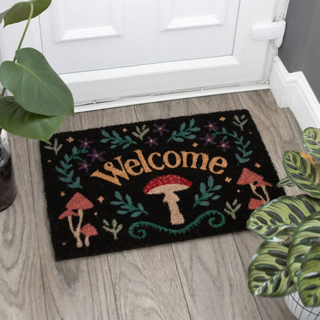 Black Mushroom Welcome Mystical Mushroom Doormat - Door Mats by Spirit of equinox