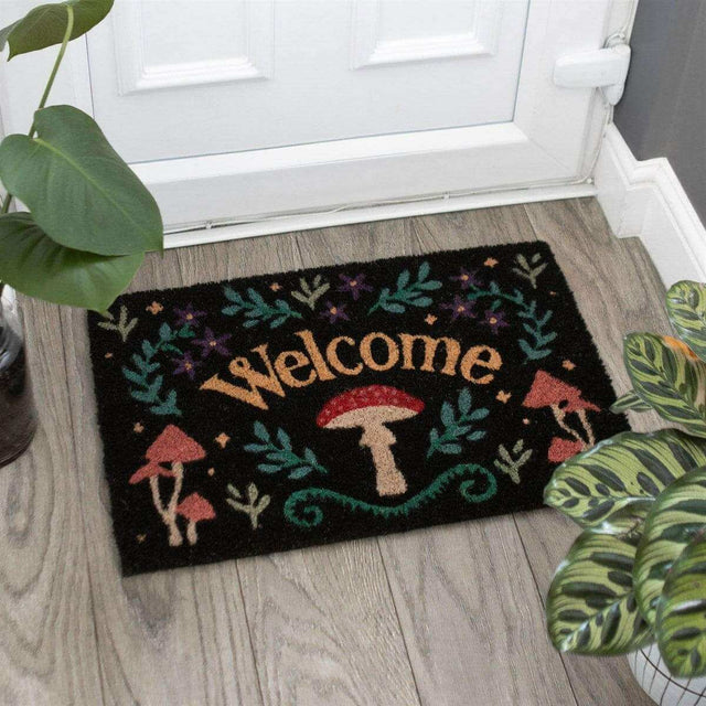 The Fashion Gift Shop: Dark Forest Black Mushroom Welcome Mystical Mushroom Doormat Indoor Use by Spirit of equinox, Door Mats