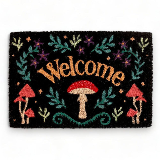 Black Mushroom Welcome Mystical Mushroom Doormat - Door Mats by Spirit of equinox