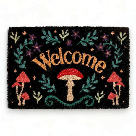 The Fashion Gift Shop: Dark Forest Black Mushroom Welcome Mystical Mushroom Doormat Indoor Use by Spirit of equinox, Door Mats