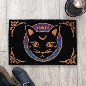 Black Mystic Mog Cat Doormat, Moon Phase Door Decor - Door Mats by Spirit of equinox