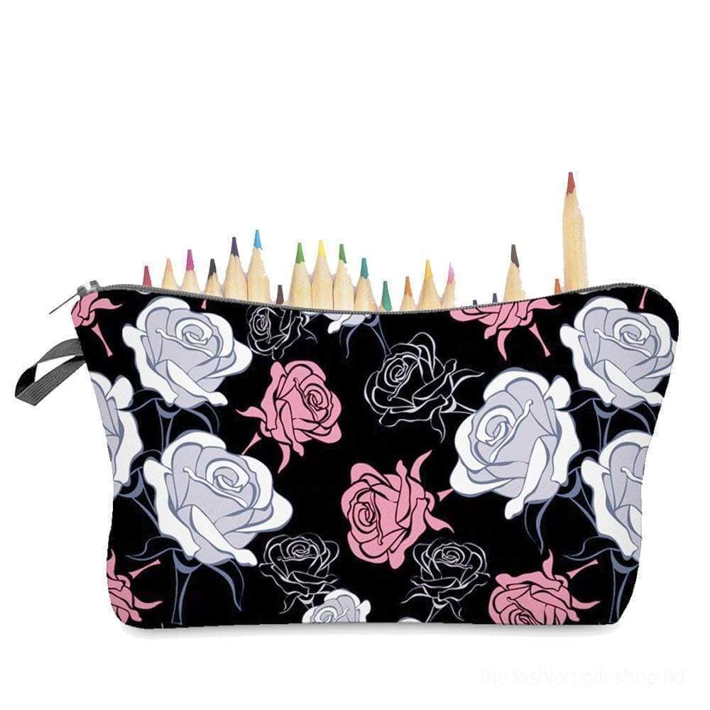 Black Pale Pink Grey Rose Floral Cosmetic Make Up Bags - Cosmetic Bags by Fashion Accessories