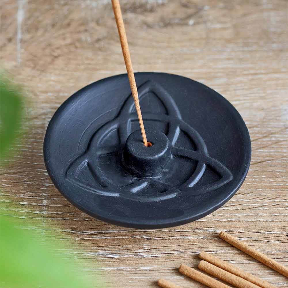 Black Triquetra Terracotta Incense Stick Holder Plate - Incense Holders by Spirit of equinox
