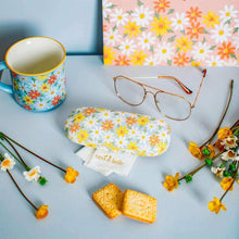 Floral glasses case with blue base, yellow and white daisy print, plus cleaning cloth