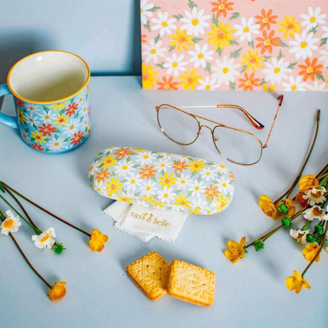 The Fashion Gift Shop: Blue Daisy Print Glasses Case with Cleaning Cloth by Sass and Belle, Eyewear Cases & Holders