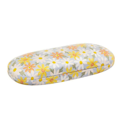 Rounded glasses case with light blue floral daisy print and yellow accents