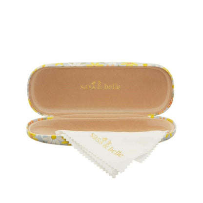 Glasses case open to reveal beige lining and a white triangular cleaning cloth