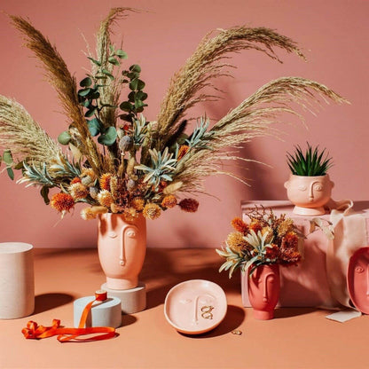 Matte face flower vase with dried pampas and leaves, blush pink