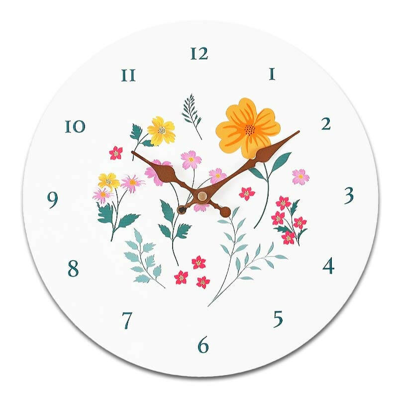 Round wall clock with botanical floral branch, teal numerals 1-12, and clock hands