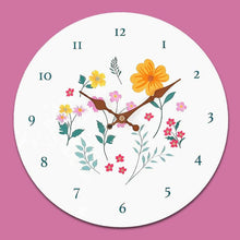 Round wall clock with yellow and pink flowers, teal numerals 1-12, and clock hands