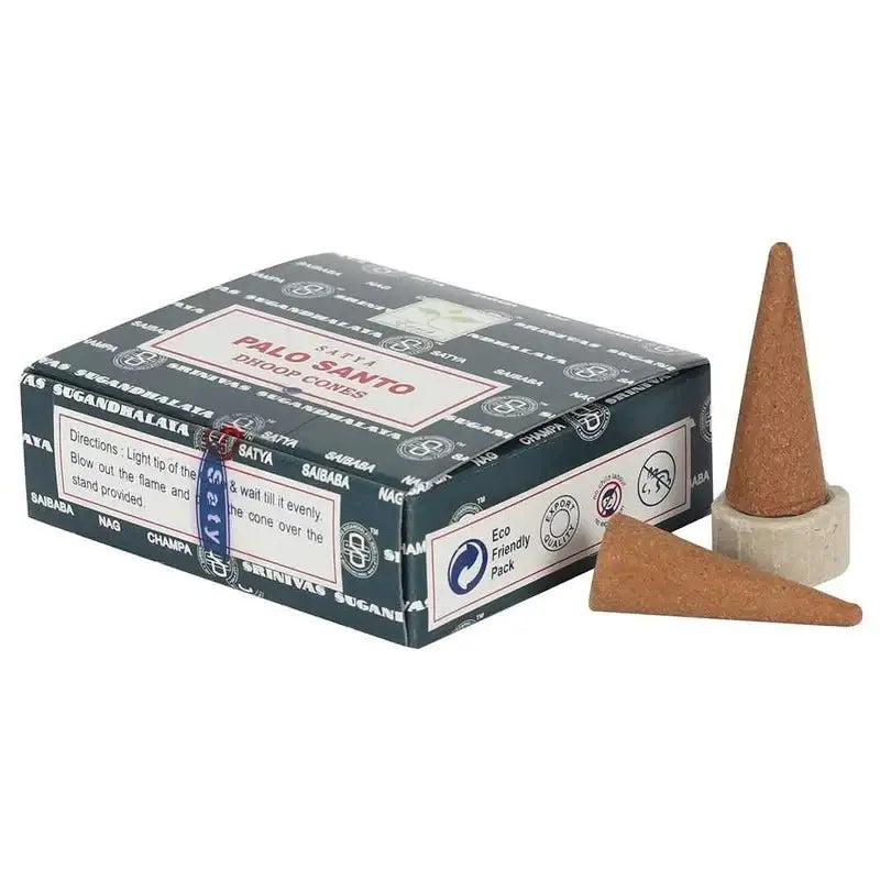 Incense cone box with terracotta cone holder; Palo Santo cones.