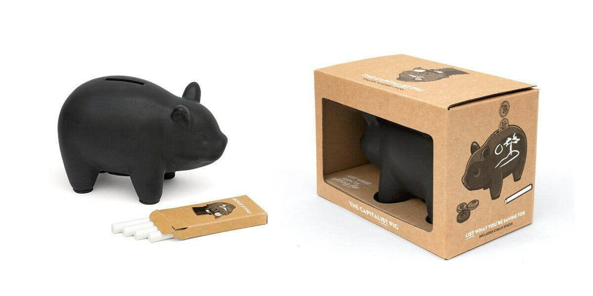 Black piggy bank with chalkboard area and matching gift box