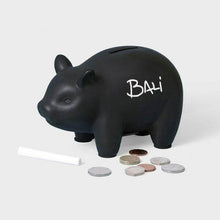 Black piggy bank with chalkboard surface, marked 'Bari', with coins at base
