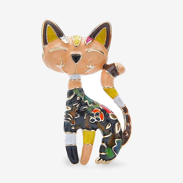 Cat Enamel Brooch Pin Colourful Flower Detail - Brooches & Lapel Pins by Fashion Accessories
