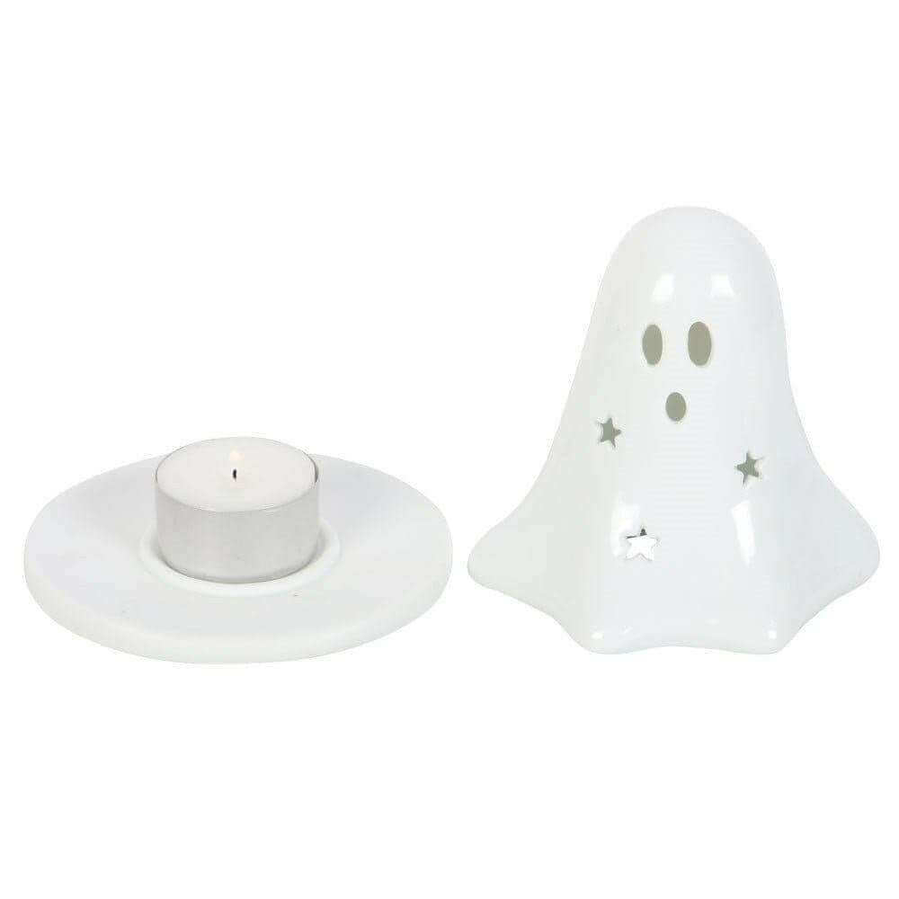 White ceramic dual ghost holder set: ghost tealight base plus round incense cone plate