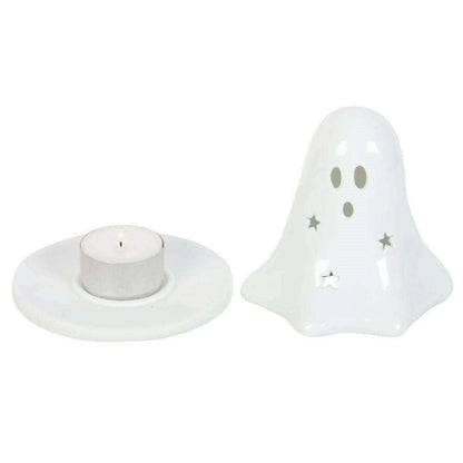 White ceramic dual ghost holder set: ghost tealight base plus round incense cone plate