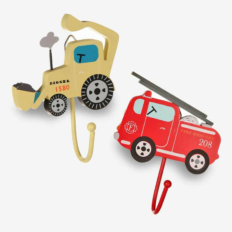 Kids wall hooks with yellow digger and red fire engine and bus