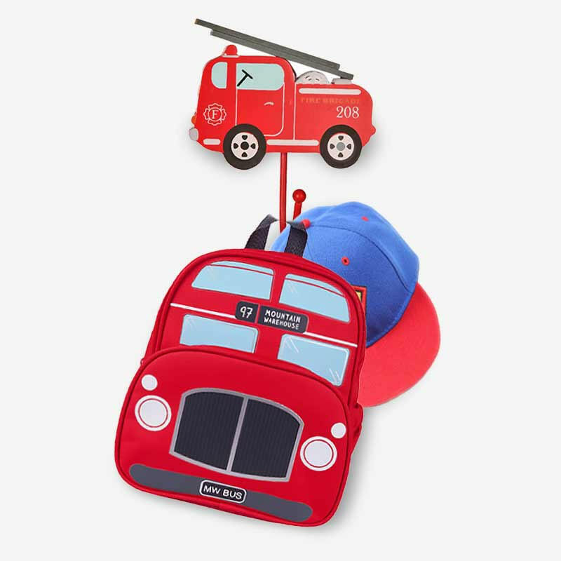 Red bus wall hook with blue cap-shaped knob in front view